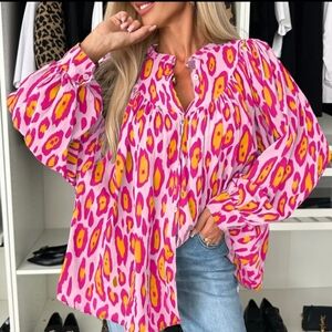 Lovesoft Rose Red Oversized Leopard Print Balloon Sleeve Casual Shirt Sz Sm